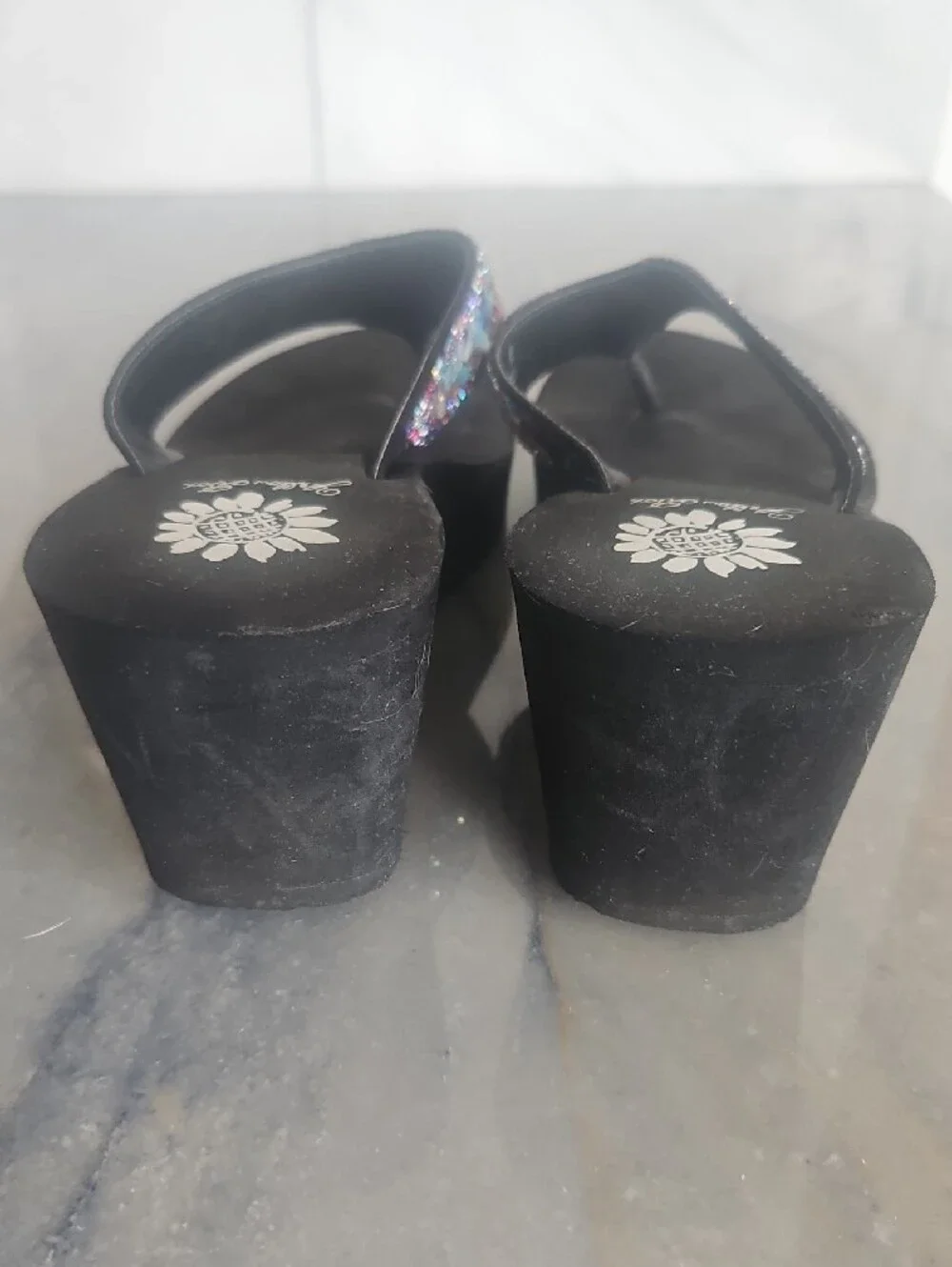 Yellow Box Black Wedge Sandals with Multicolor Jewel Accents